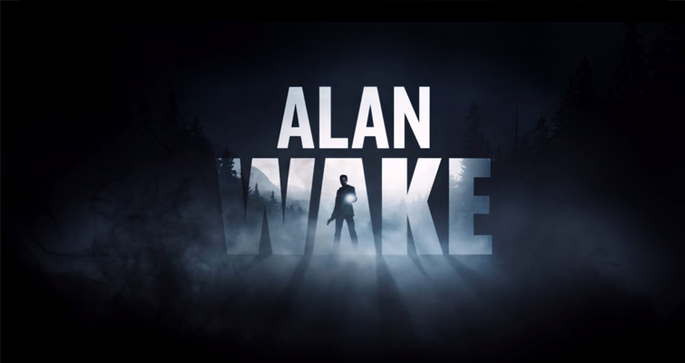 The title of the video game Alan Wake in white with a silhouette of a man in the title on a black background