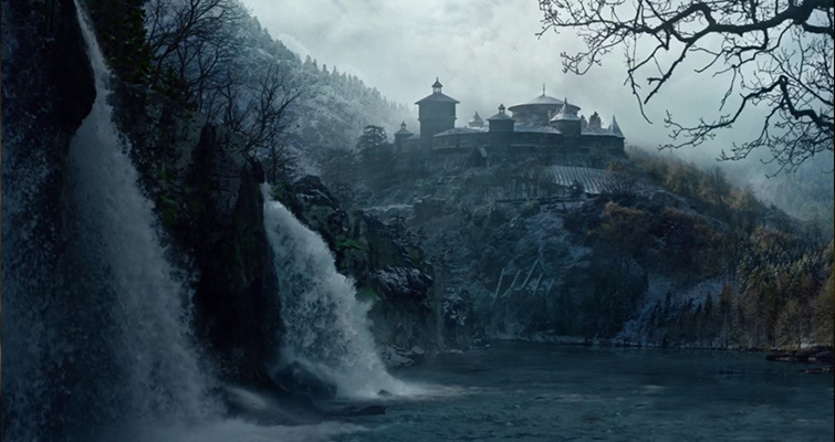 A castle from Game of Thrones in the background with waterfalls and ominous foliage in the foreground