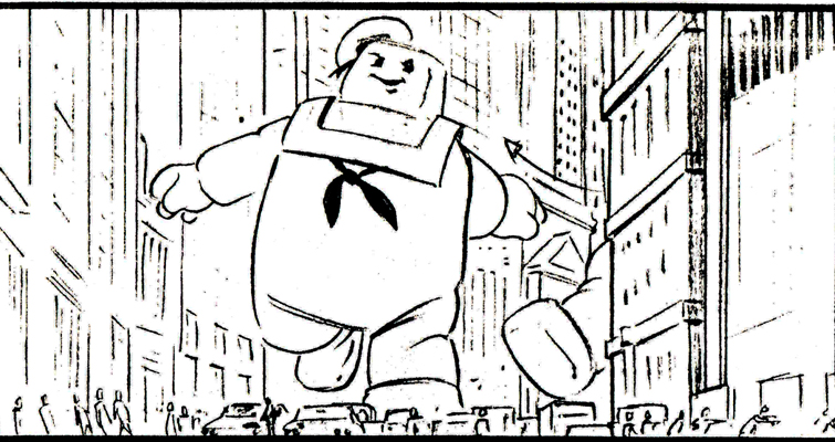 Black and white sketch of the Ghostbusters' marshmellow man walking through the streets of New York