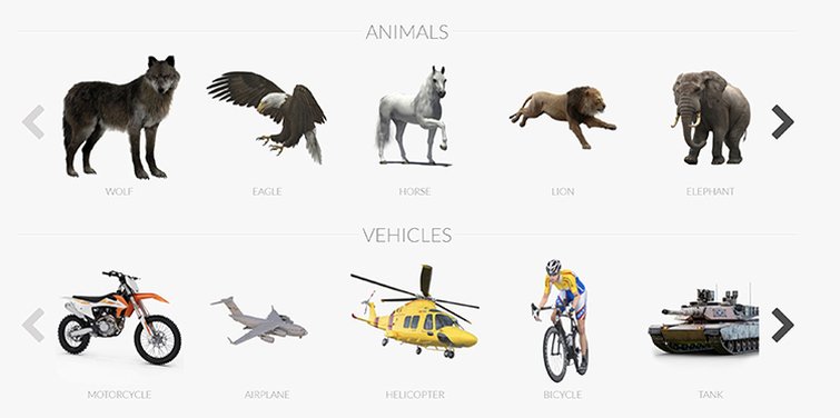 Examples of 3D models from Turbosquid including a wolf, eagle, horse, lion, elephant, motorcycle, helicopter, airplane, bicycle, and tank
