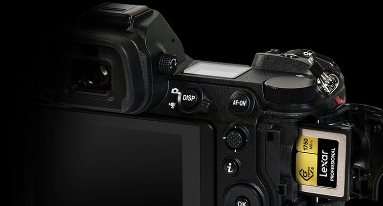 The Future of Compact Flash: CFExpress card demonstrating how it fits in a Nikon camera on a black backdrop