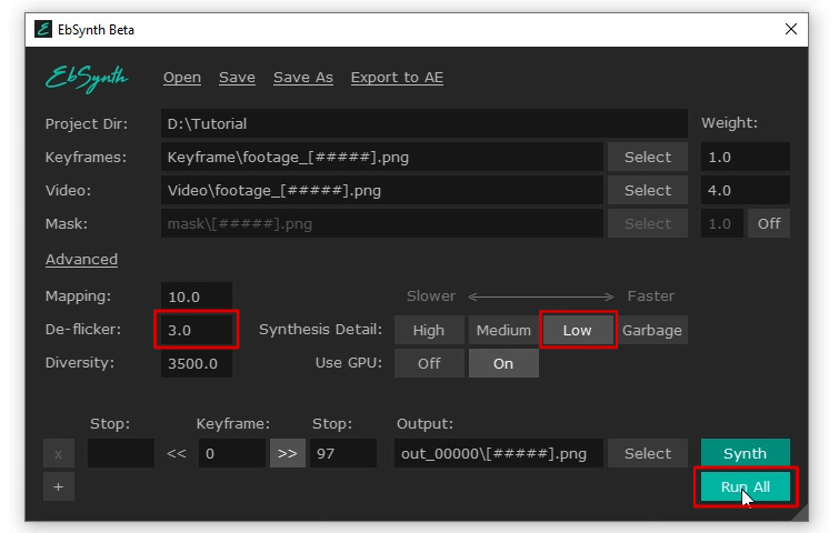 EbSynth高级设置截图 - 使用EbSynth创建毛刺效果